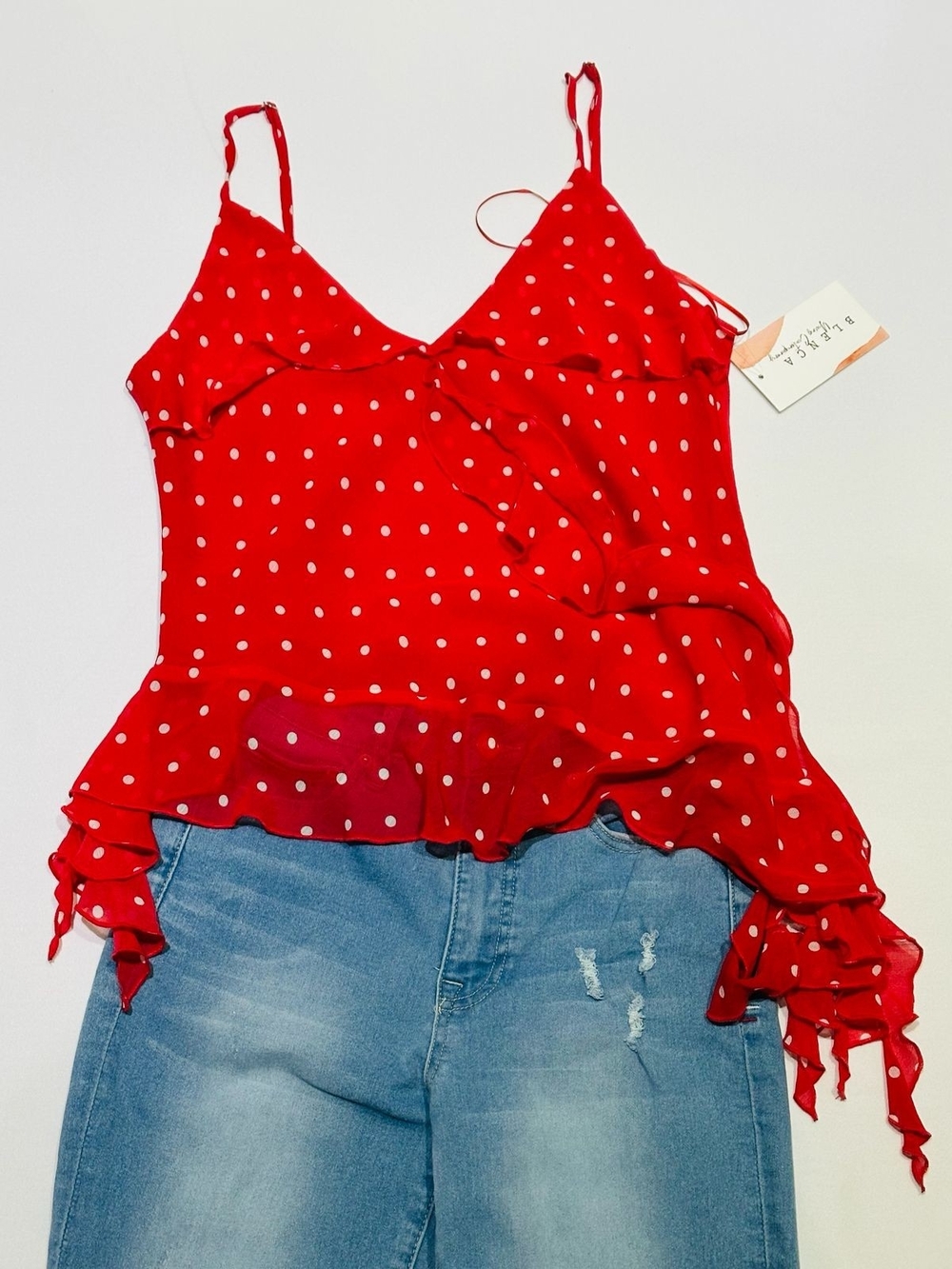 NWT Red Polka Dot Ruffle Cami Top with Asymmetric Hem